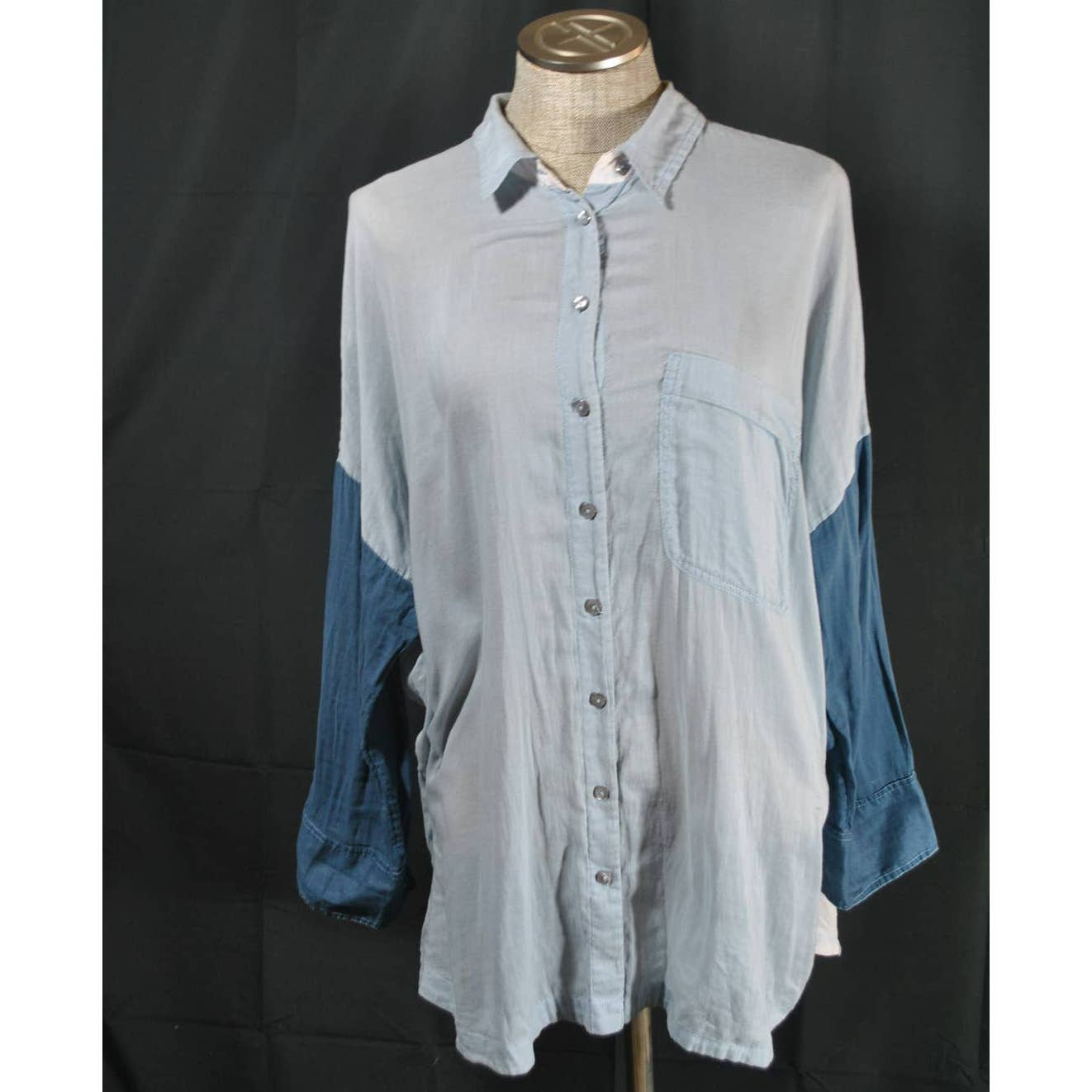 Free People Rainbow Rays Blue Color Block Long Button Up Top - M