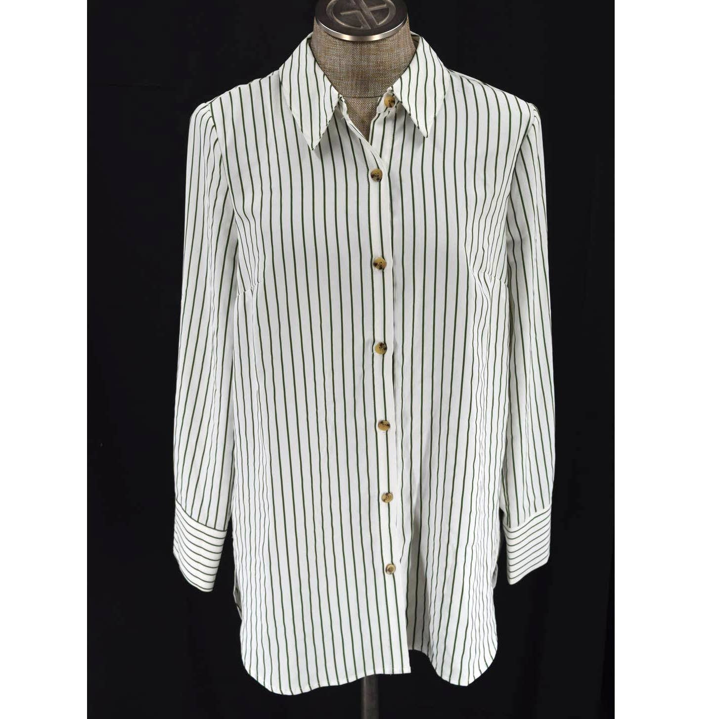 Neiman Marcus White Green Striped Button Up Tunic Dress Top - S