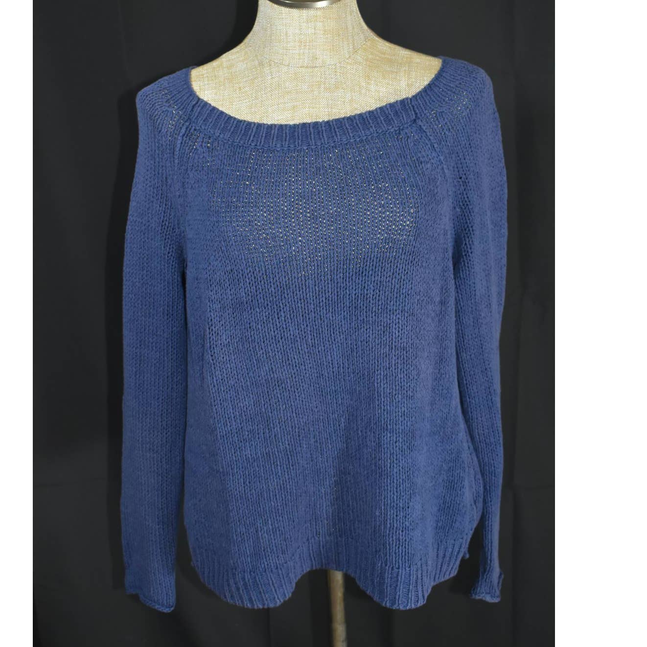 VInce Blue Cotton Knit Wide Neck Sweater - M