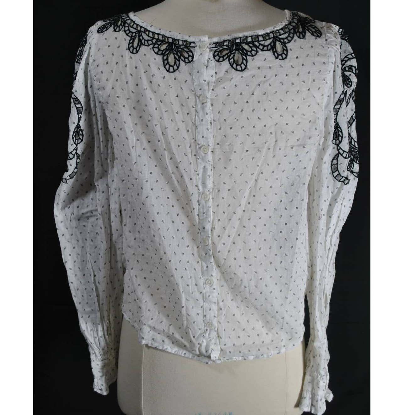 Free People White Black Flared Embroidered Top - S