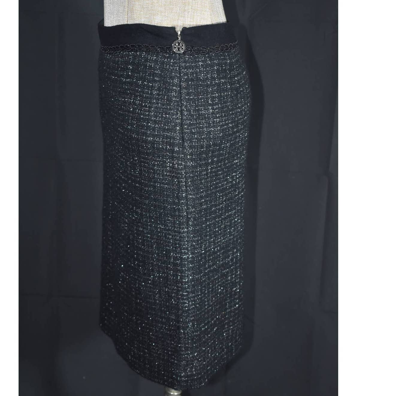 Tory Burch Black Silver Metallic Wool A-Line Midi Skirt - 6