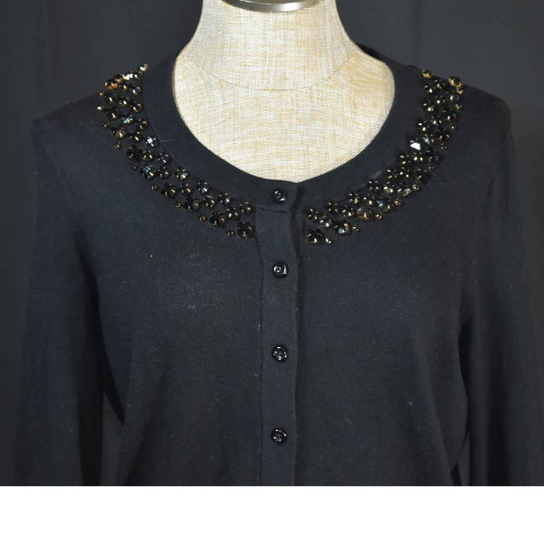 Kate Spade Black Beaded Button Up Cardigan Silk Cashmere Sweater - L