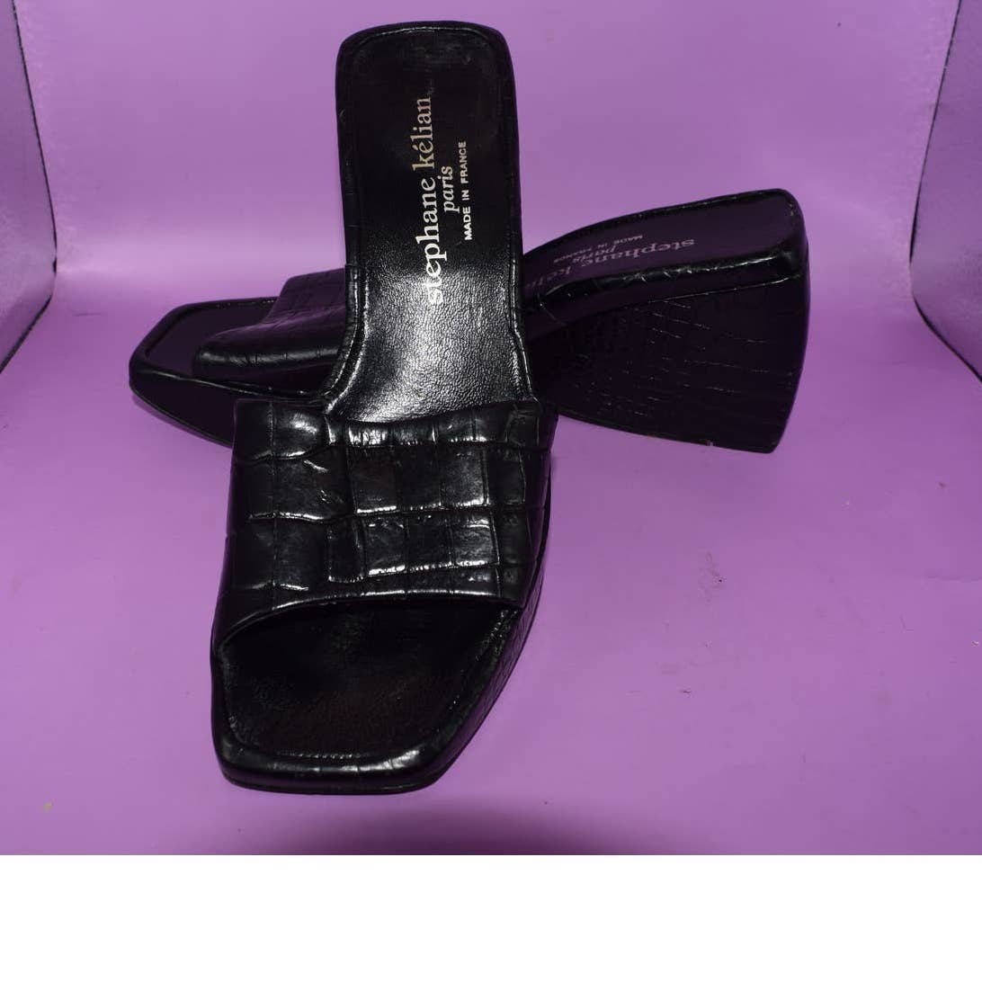 Stephane Kelian Black Embossed Open Toe Wedge Shoes - 6.5