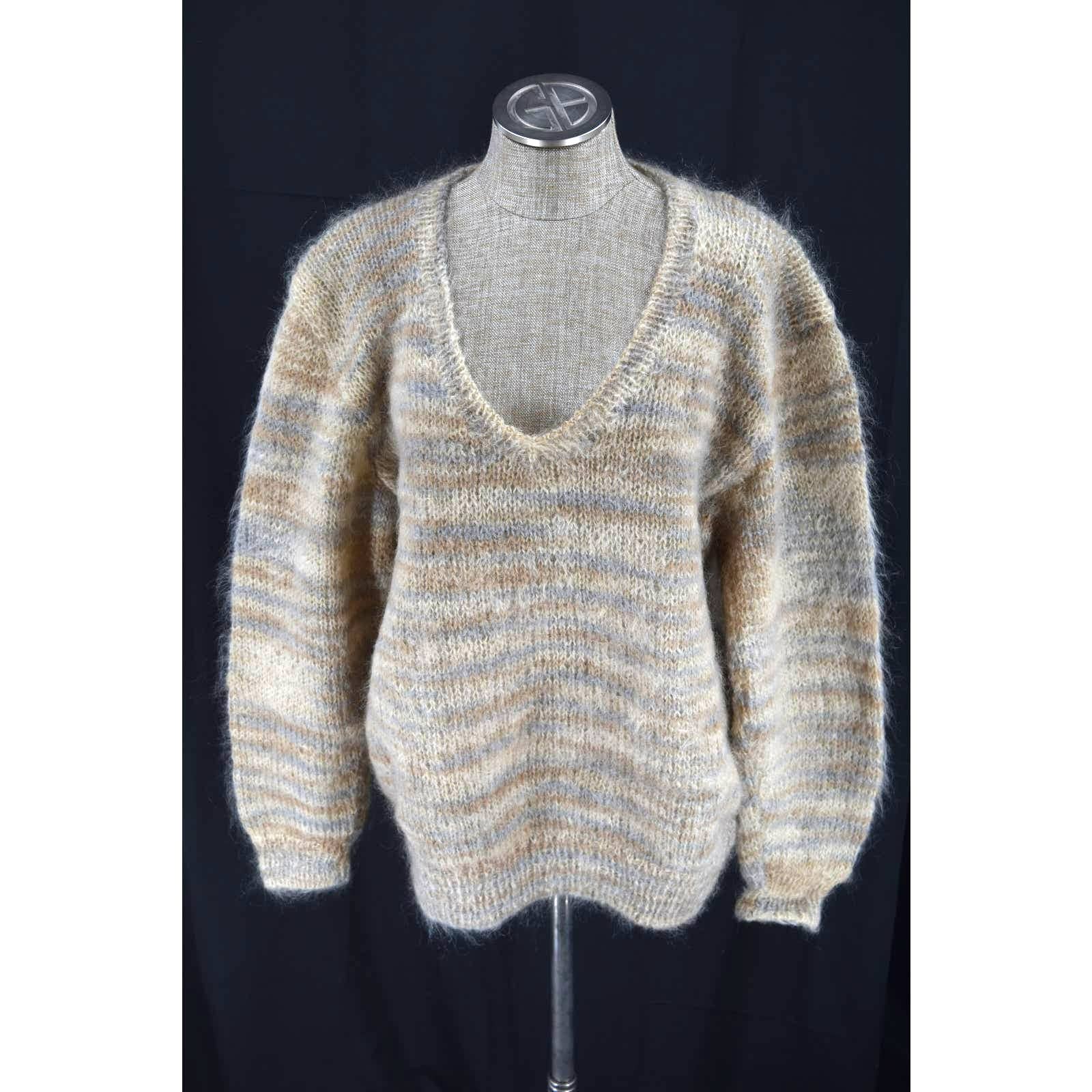 Handmade Hand Knit Tan V-Neck Sweater - L