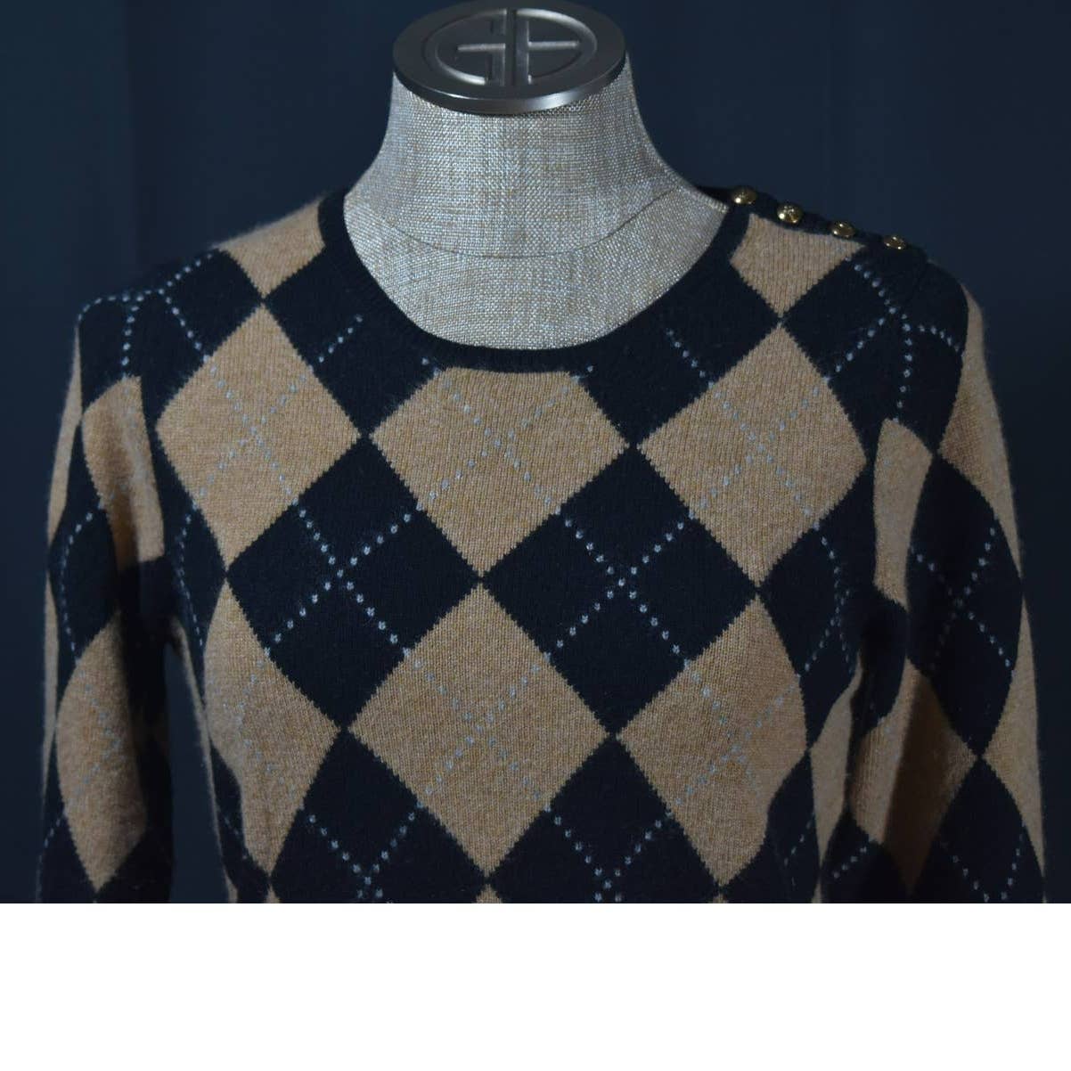 Vintage J.Crew Plaid Black and Tan Cashmere Sweater - S