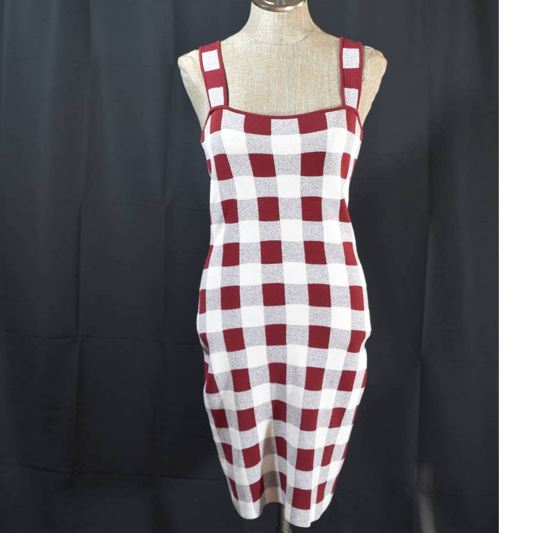 Theory Red and White Checked Knit Back Cutout Strapless Dress- M