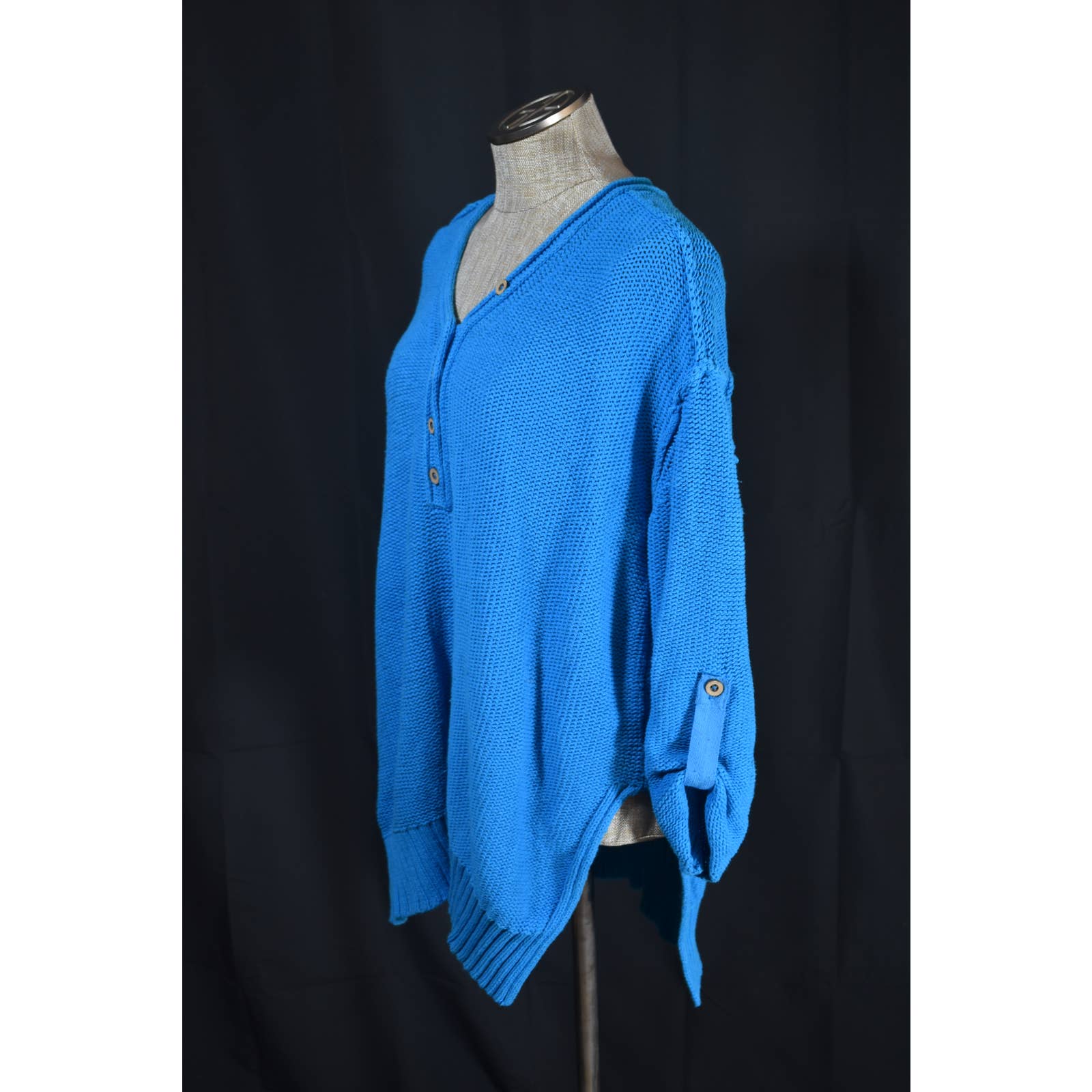 Free People We The Free Blue Chunky Henley Knit Tunic Sweater - S