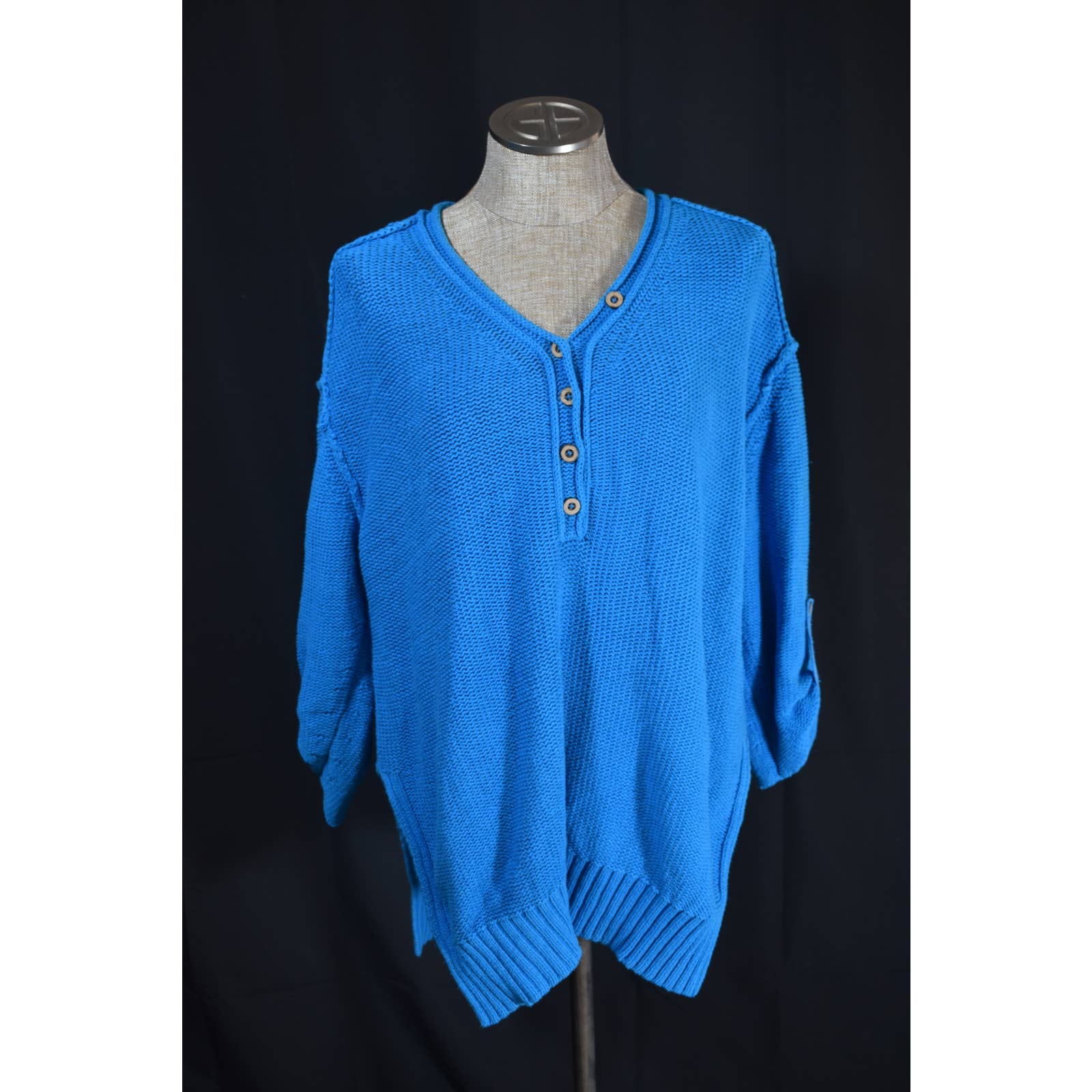 Free People We The Free Blue Chunky Henley Knit Tunic Sweater - S