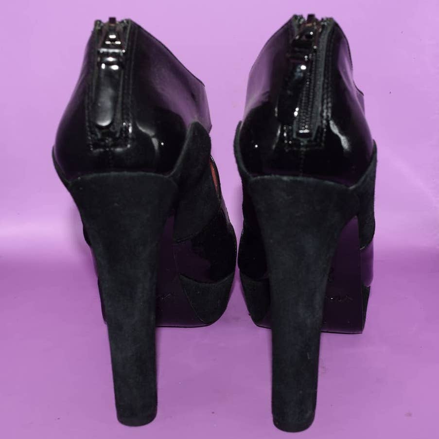 Via Spiga Black Suede Patent Leather Chunky Heeled Opened Toed Shoes - 6.5