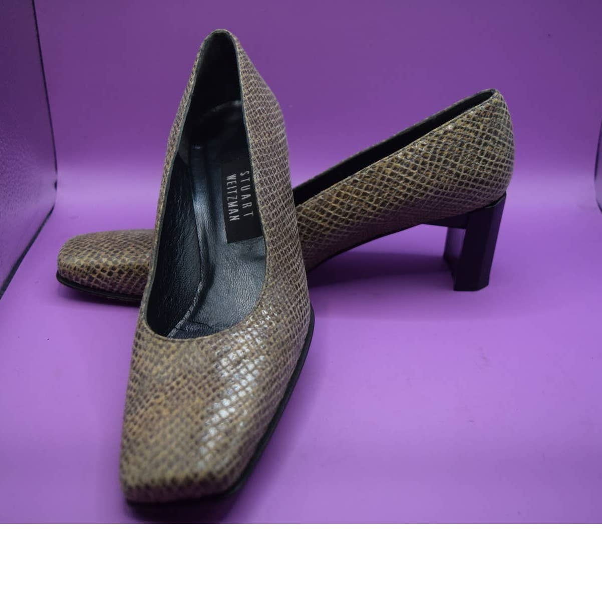 Stuart Weitzman Snakeskin Print Leather Heel Square Toe Shoe - 7.5