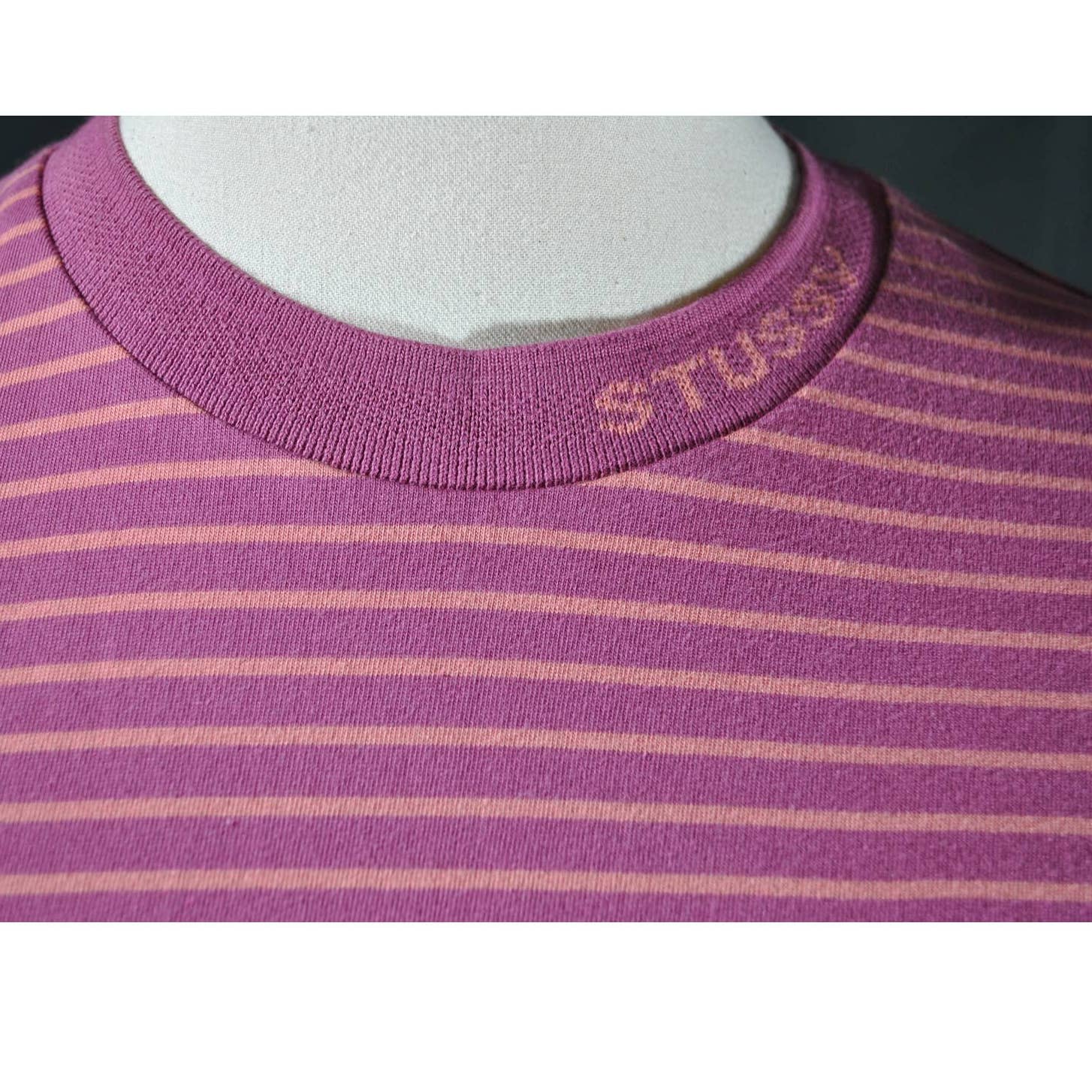 Stussy PInk Striped Crew Neck T-Shirt - M