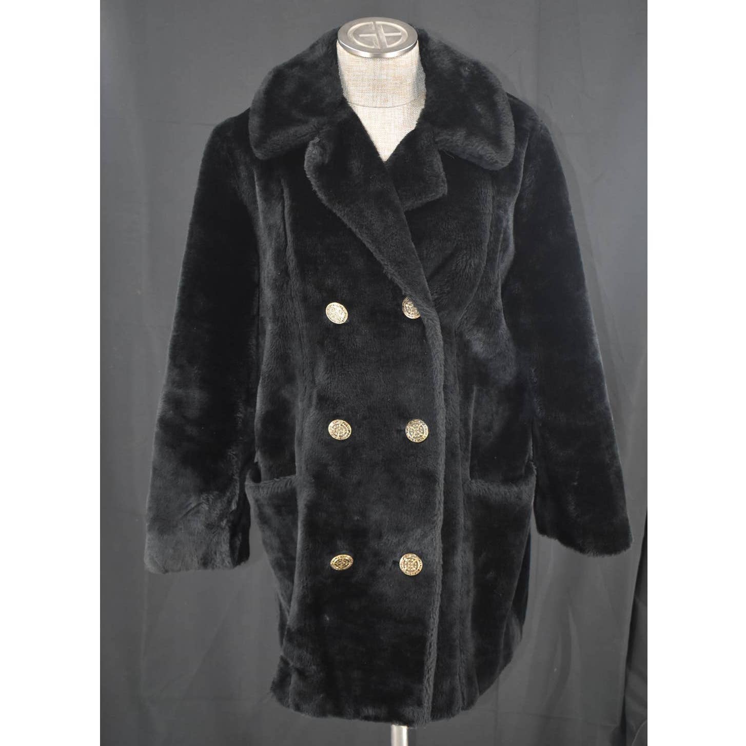 Susan Lynn Faux Fur Black Button Front Coat- L