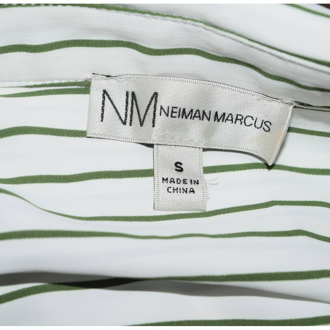 Neiman Marcus White Green Striped Button Up Tunic Dress Top - S