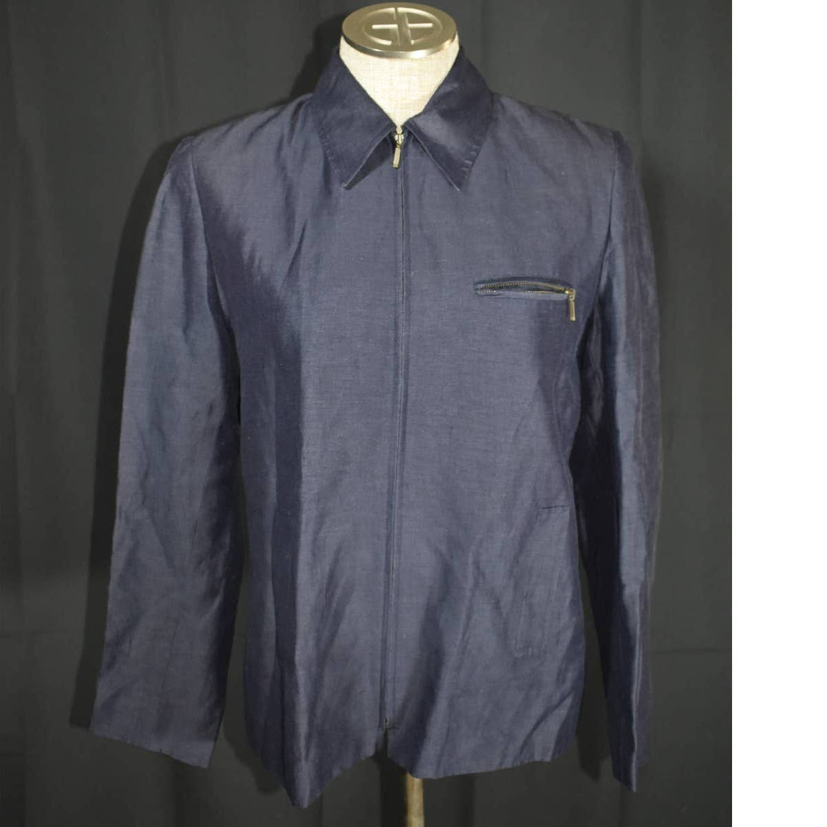 Classique Entier Navy Blue Silk and Linen Zip Up Jacket - M