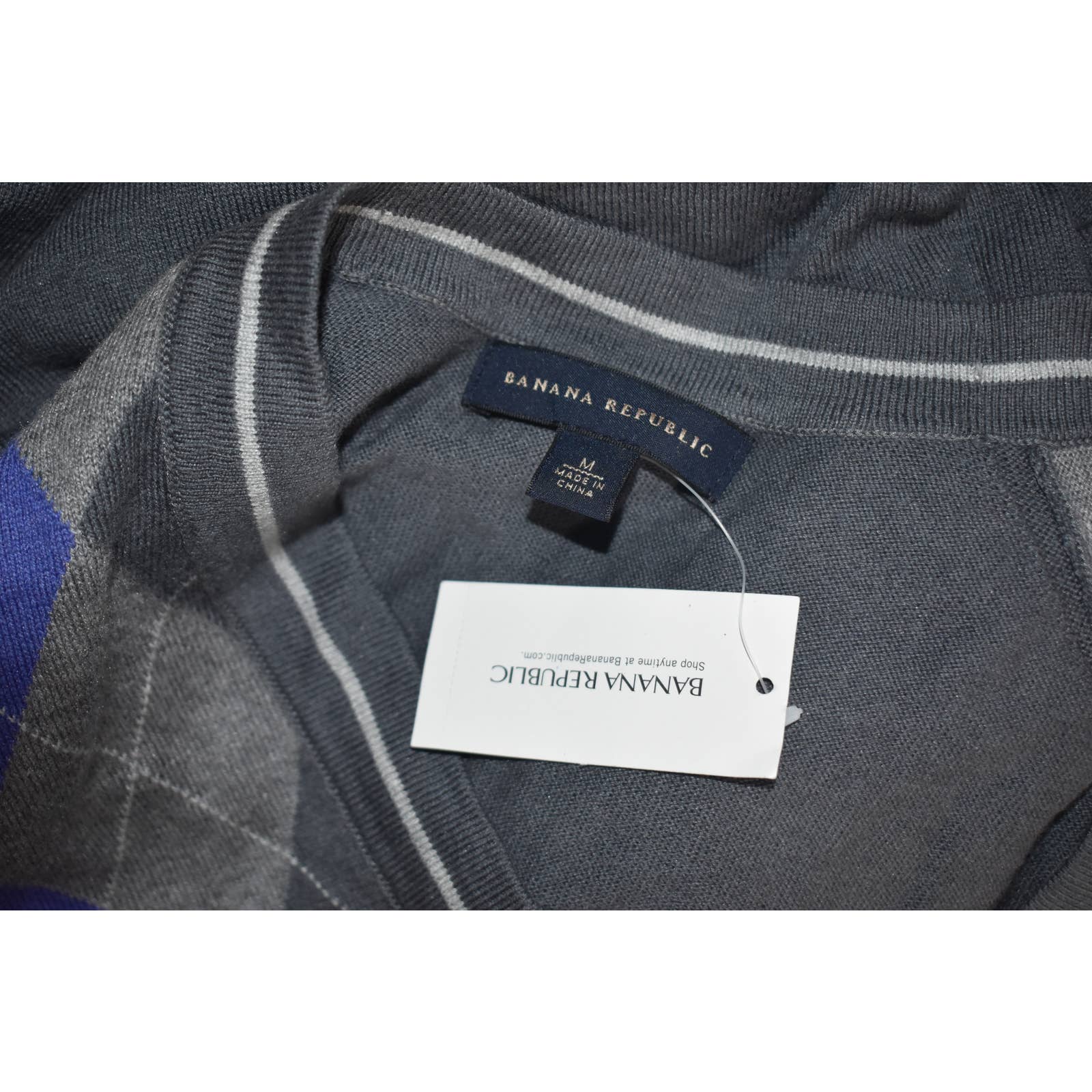 NWT Banana Republic Grey Blue Argyle Cardigan Silk Sweater - M