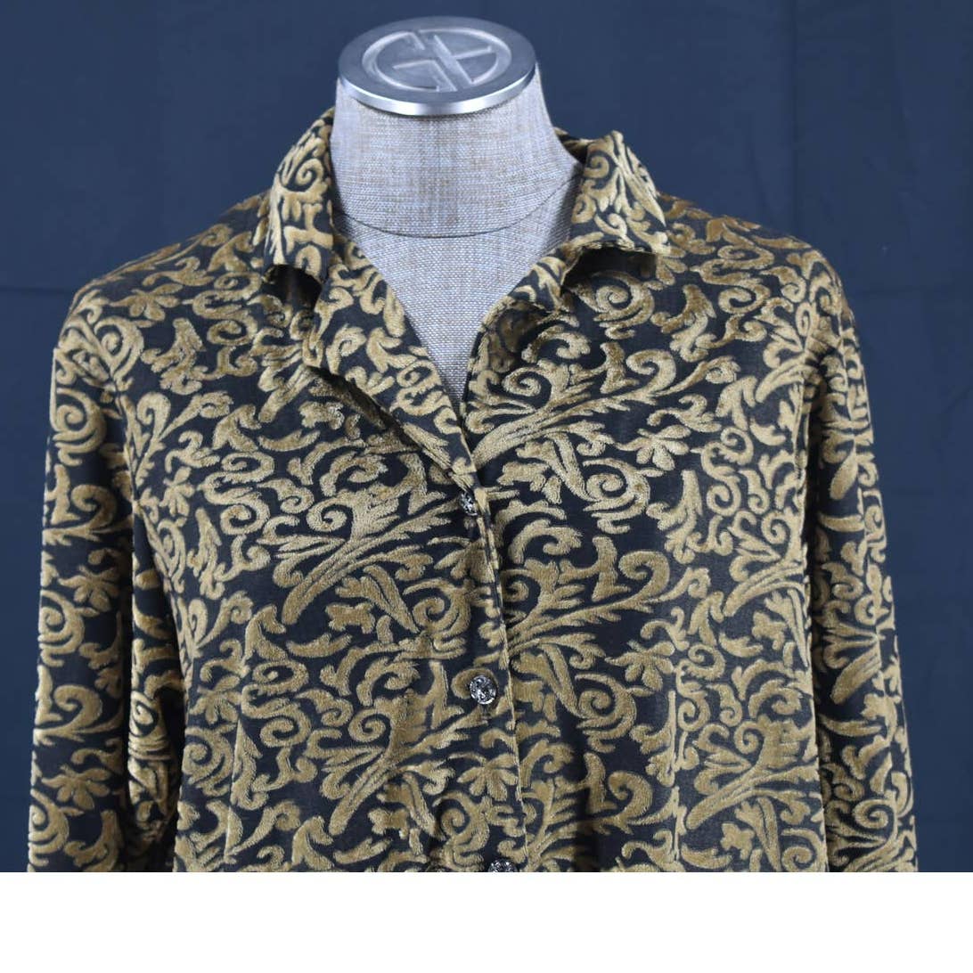 Vintage Diane Von Furstenberg Gold Black Velvet Button Up Top - L