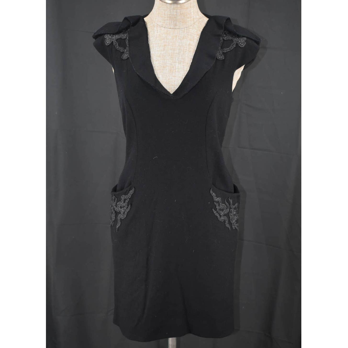 Bespoke Black Wool Cashmere Appliqué Silk Lined Dress - M