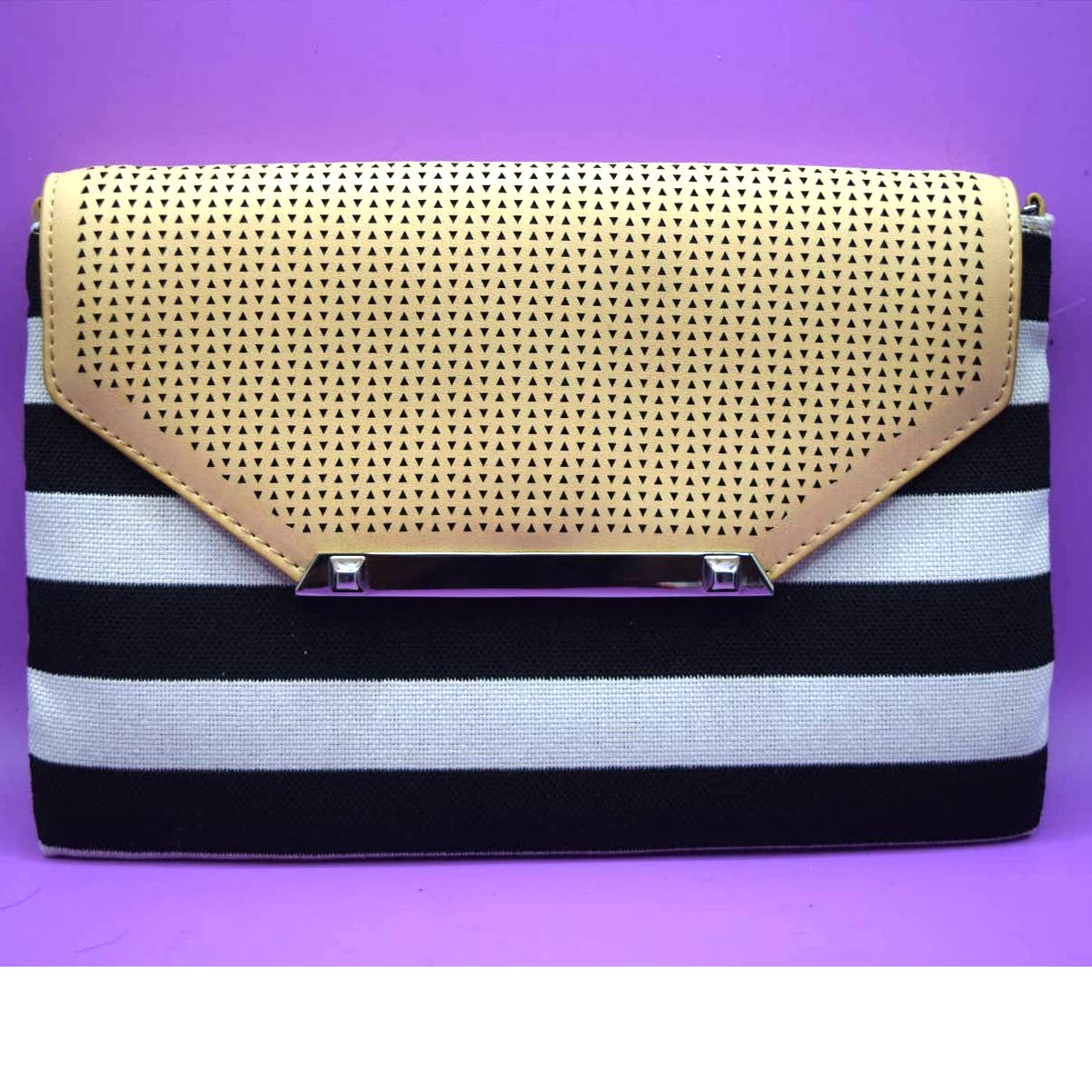 Stella & Dot Black White Stripe Flap Handbag