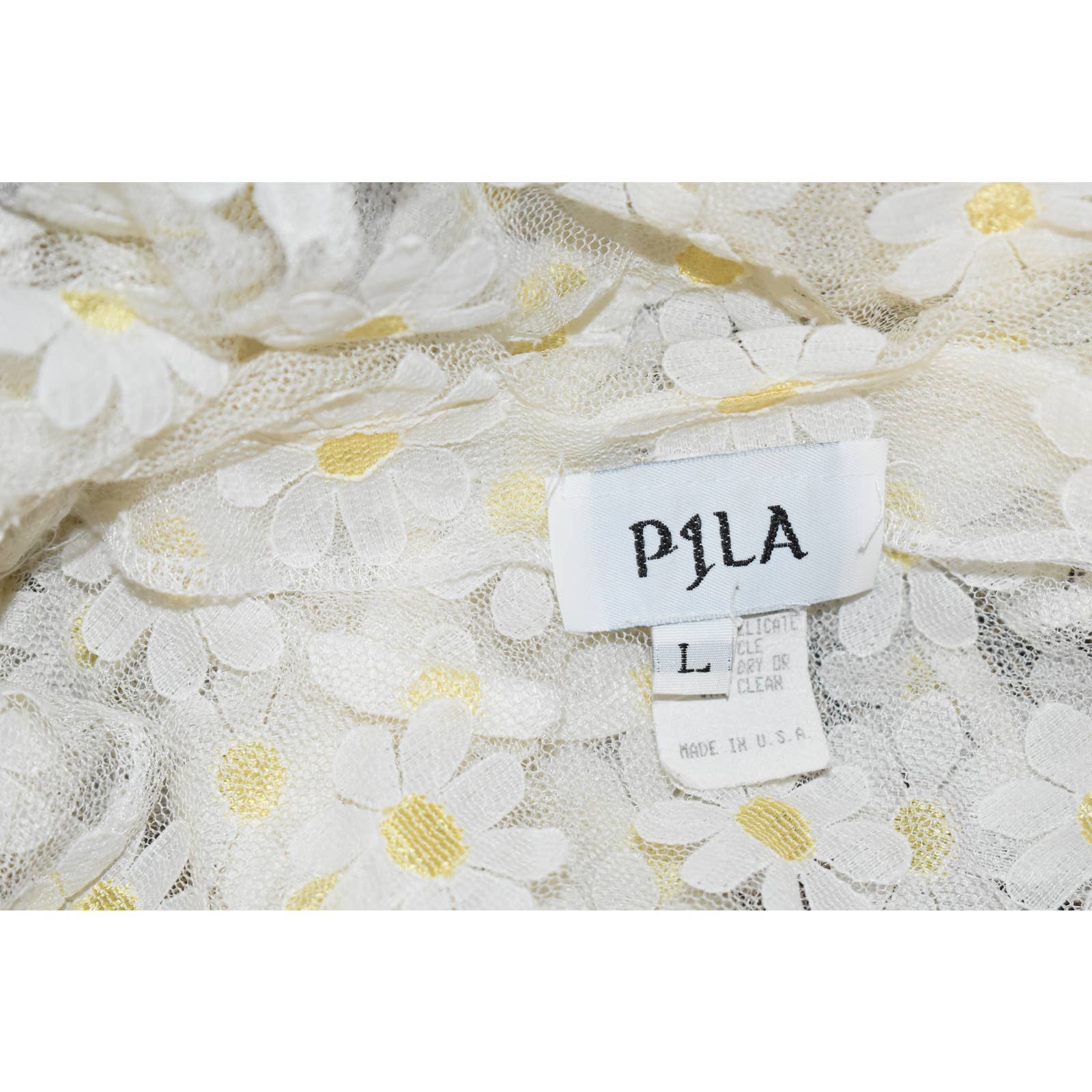 Pila White Yellow Mesh Floral Long Sleeve Ruffle Top - L