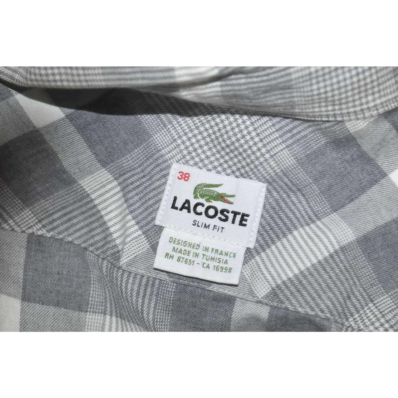 Lacoste Gray White Plaid Slim Fit Button Up Shirt - 38  M