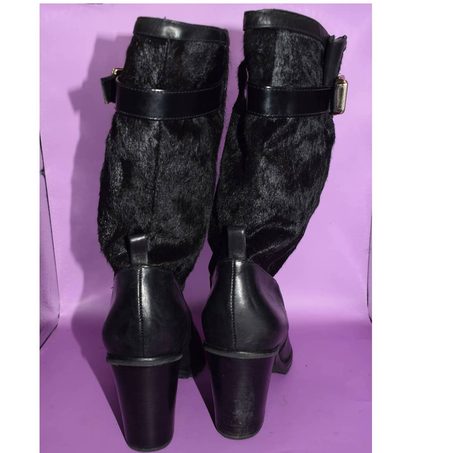 Schutz Black Faux Fur Chunky Heel Boots - 8