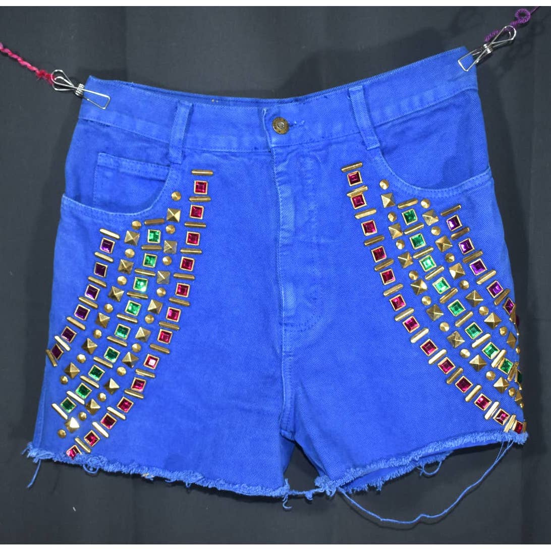 Vintage Monique Jeans Bejeweled Blue Raw Edge Denim Shorts- 9/10