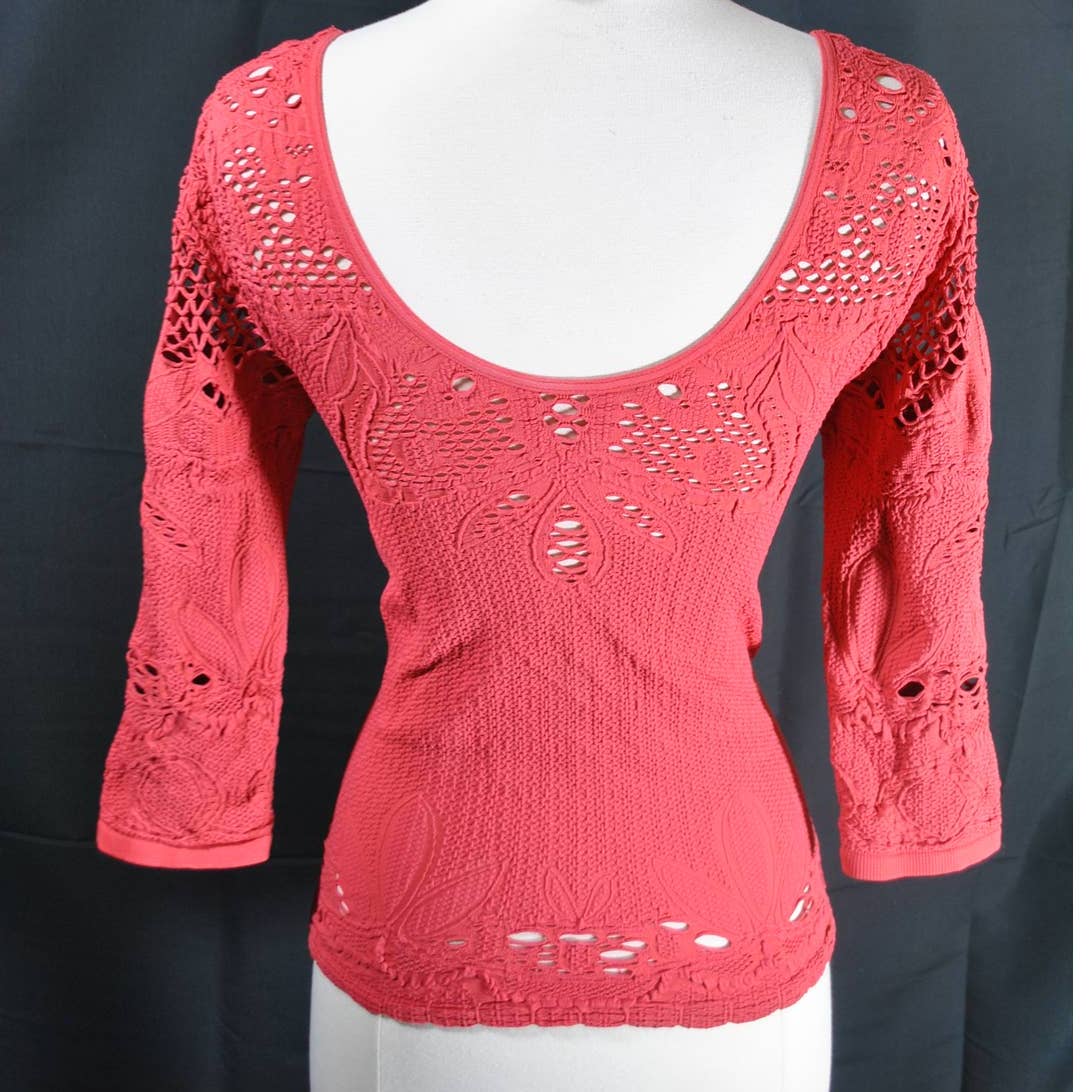Intimately Free People Fitted Red Scoop Neck Eyelet Long Sleeve- XS