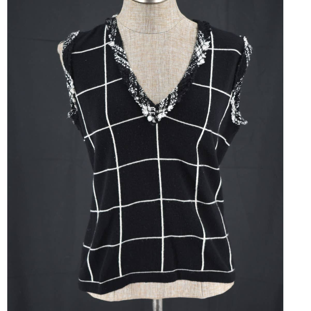 D. Exterior Black and White Check V-Neck Sweater Vest - L