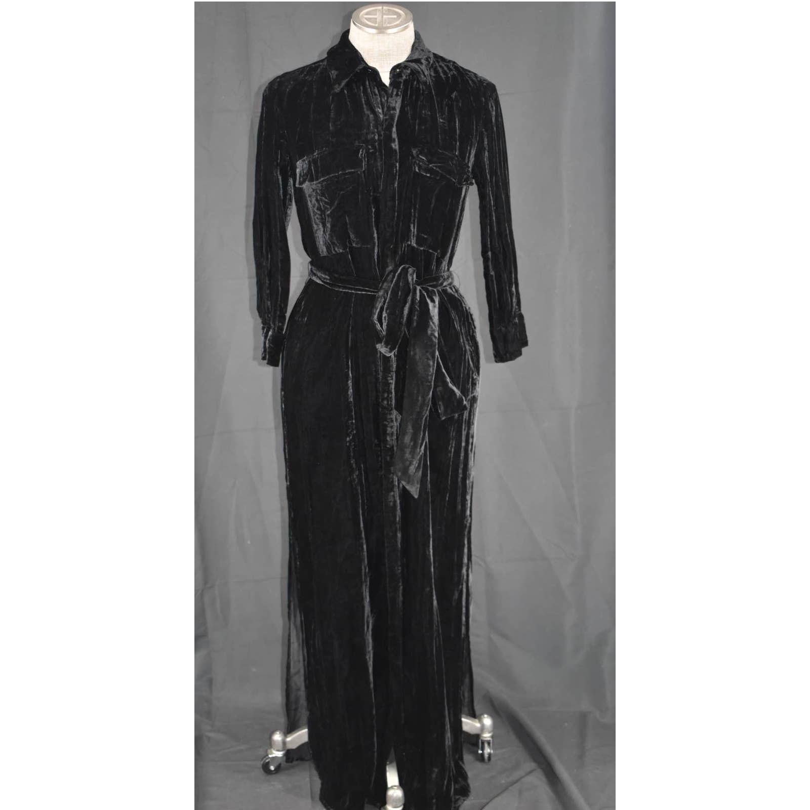 L'agence Long Sleeve Black Velvet Button Up Dress- XS