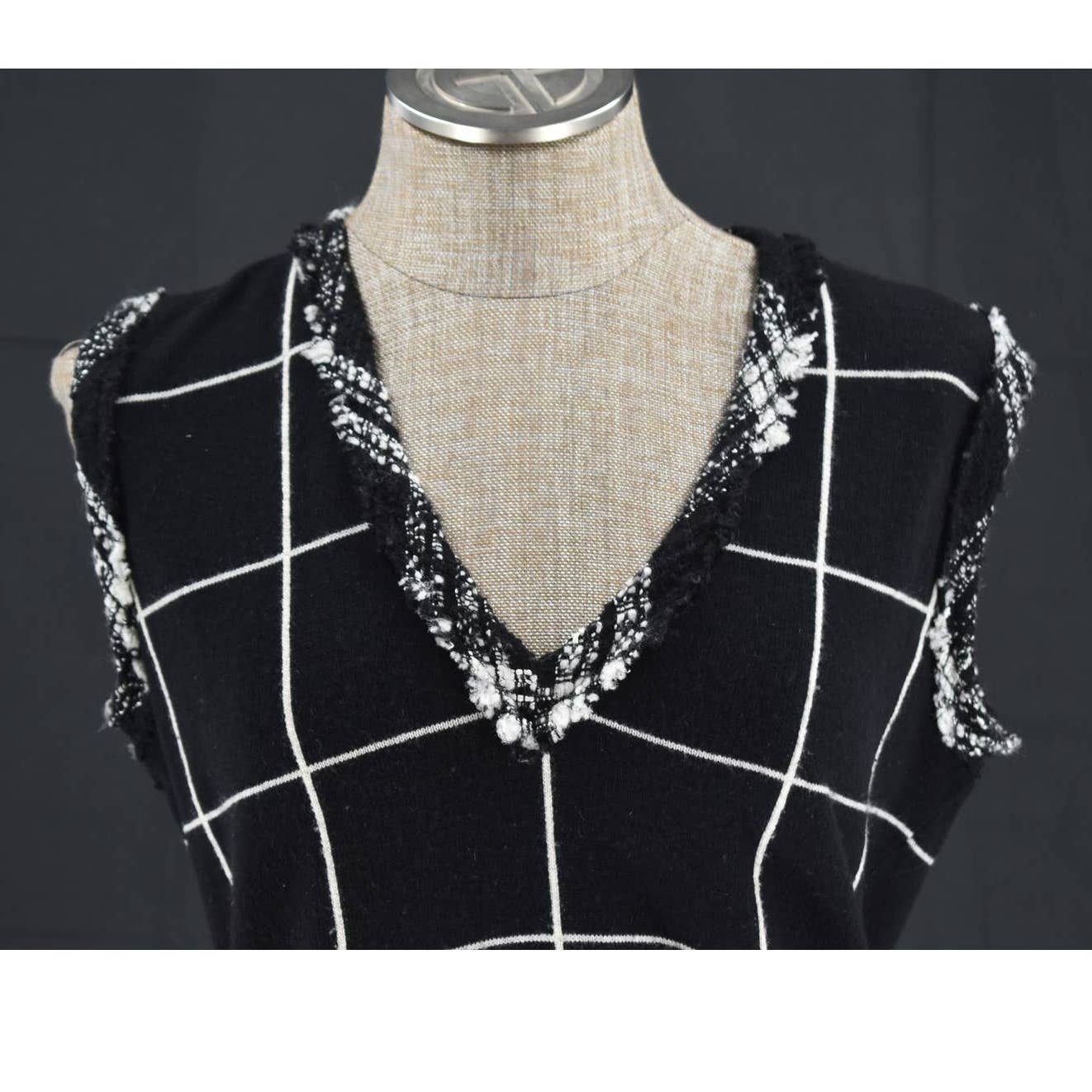 D. Exterior Black and White Check V-Neck Sweater Vest - L