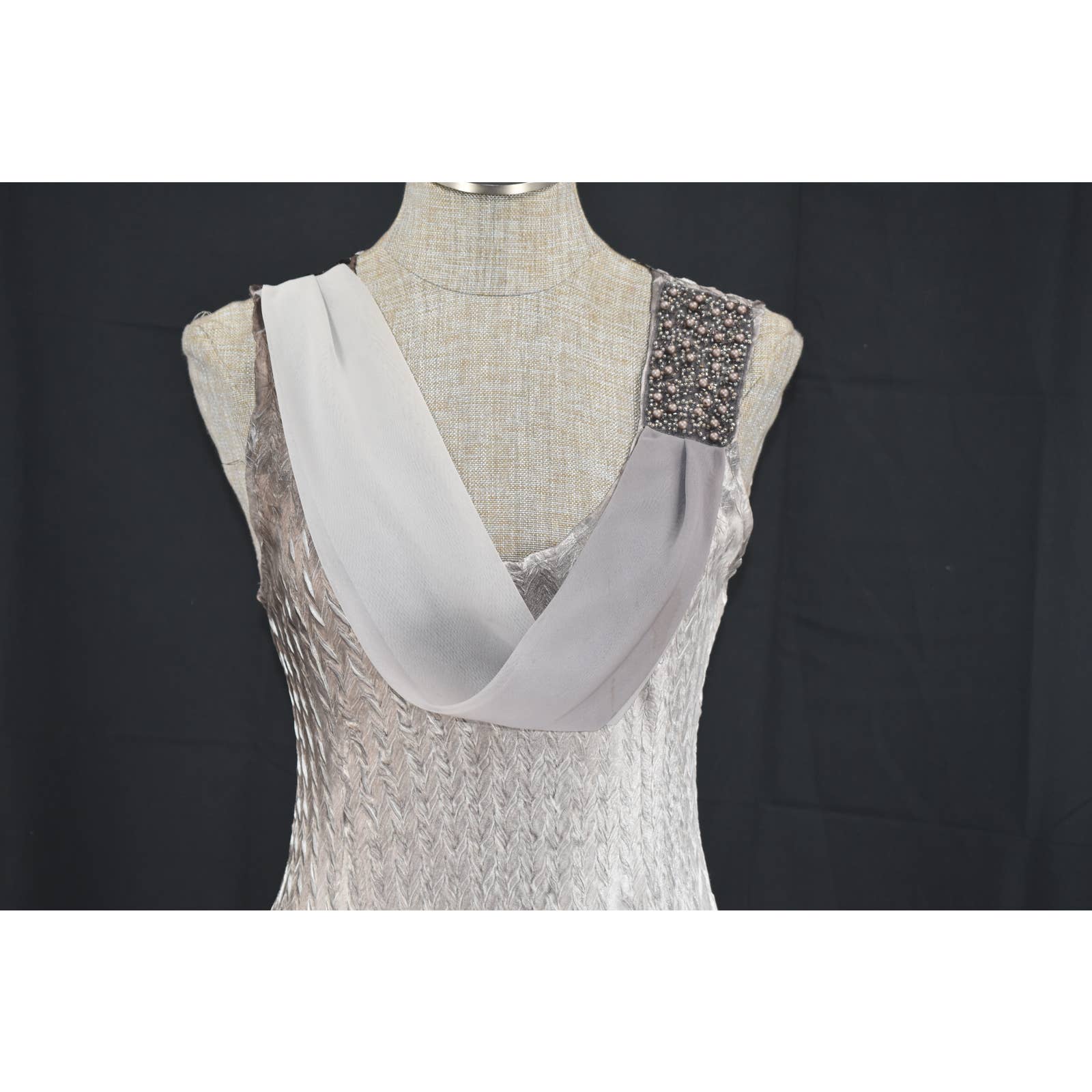 Komarov Gray Beaded Long Drape Neck Dress - Medium