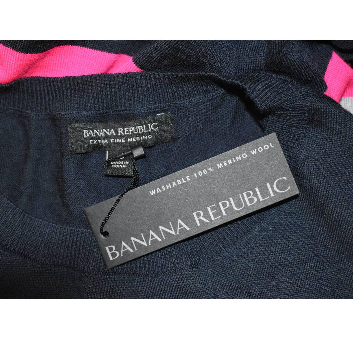 NWT Banana Republic Navy Pink Green Washable Merino Wool Spring Sweater - S