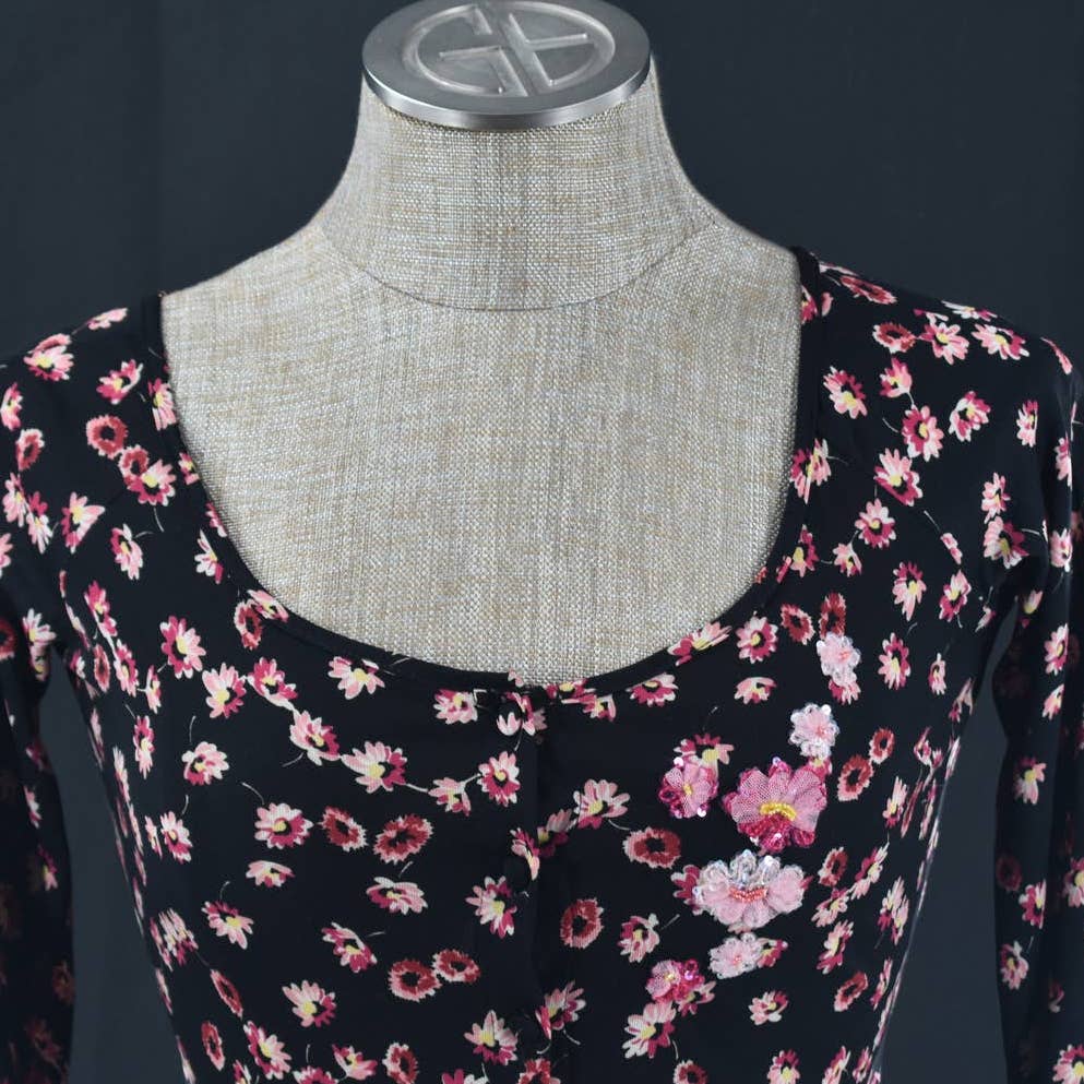Blumarine Wide Neck Button Up Floral Sequined Long Sleeve Top- 40