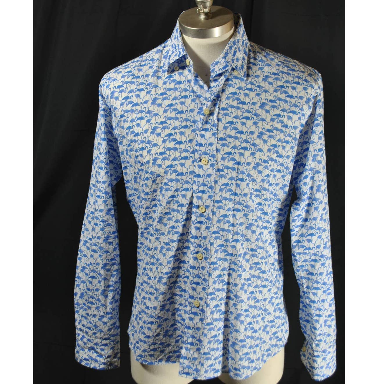 Ledbury Blue Flamingo Print Button Up Shirt- M