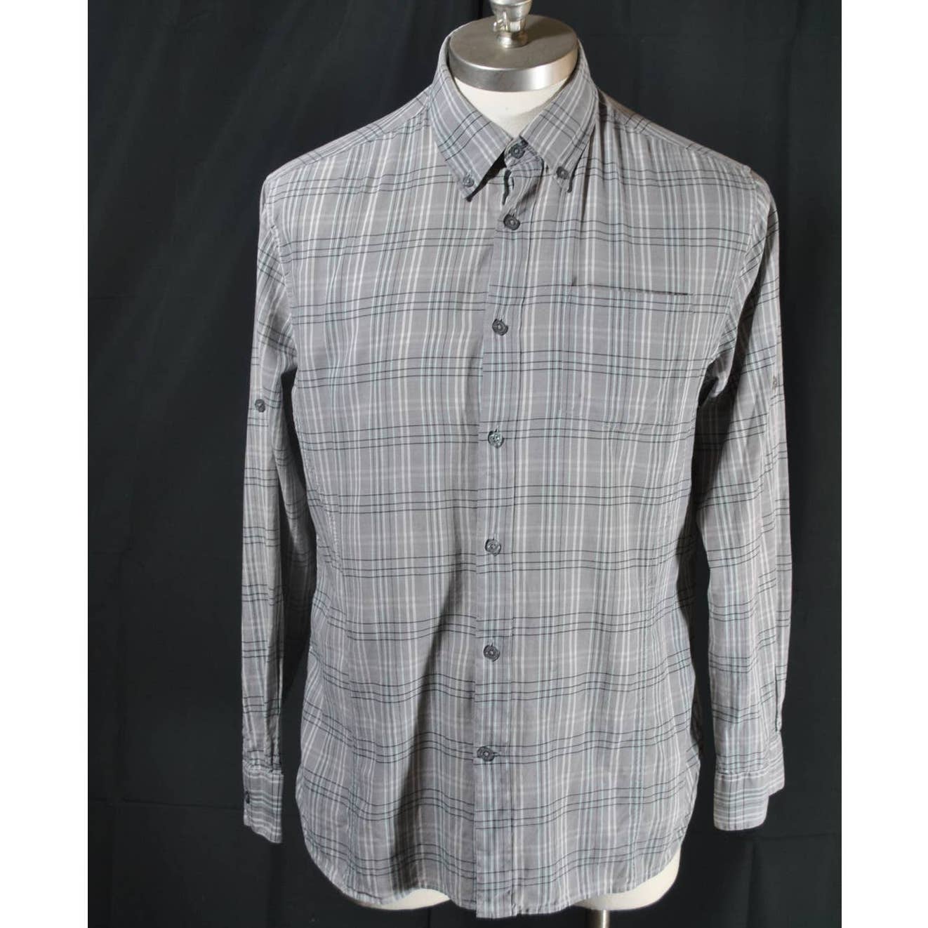 John Varvatos USA Grey and Blue Plaid Button Up Shirt- M