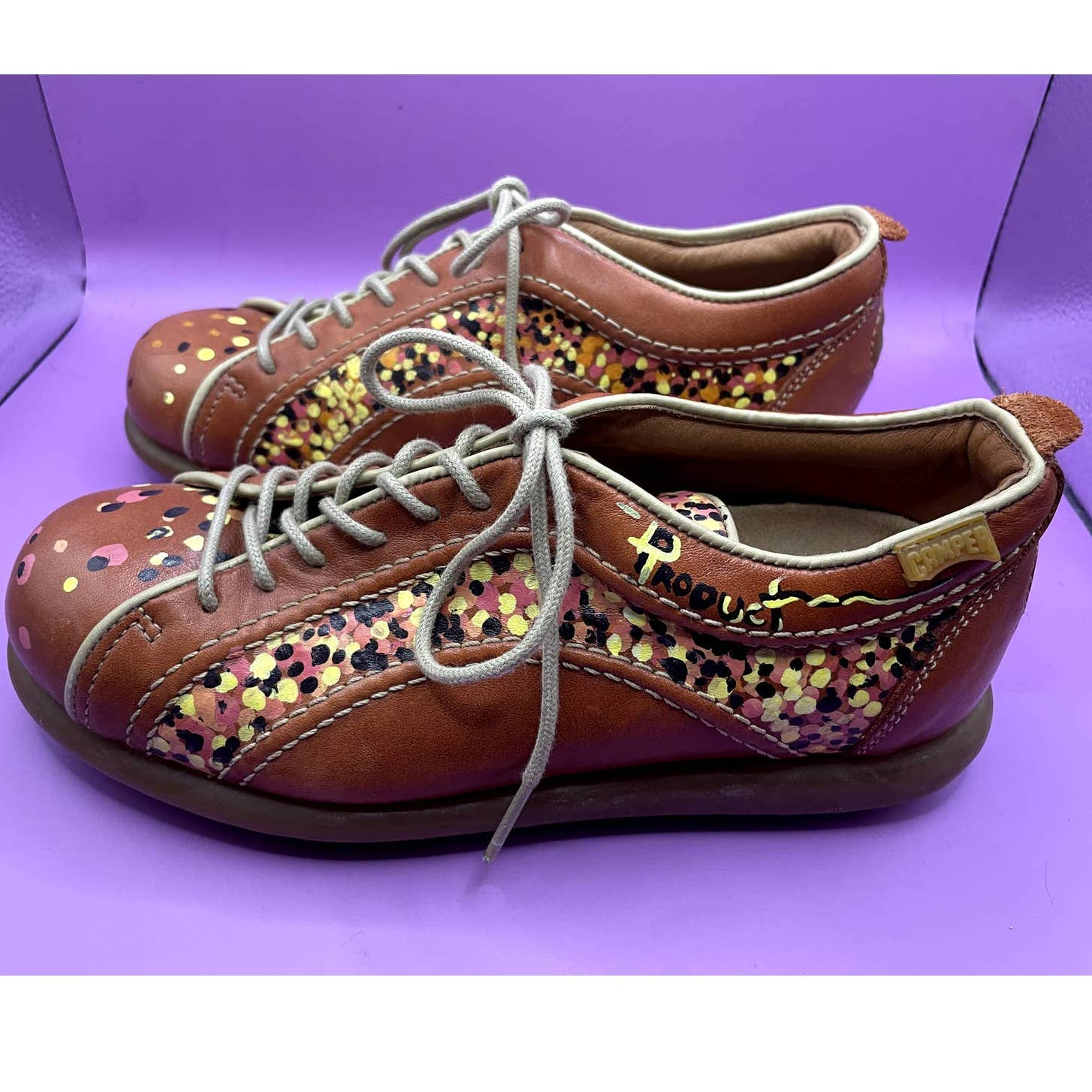 Camper Brown Hand Painted and Signed Ribbed Lace Up Shoes - 36 / 5