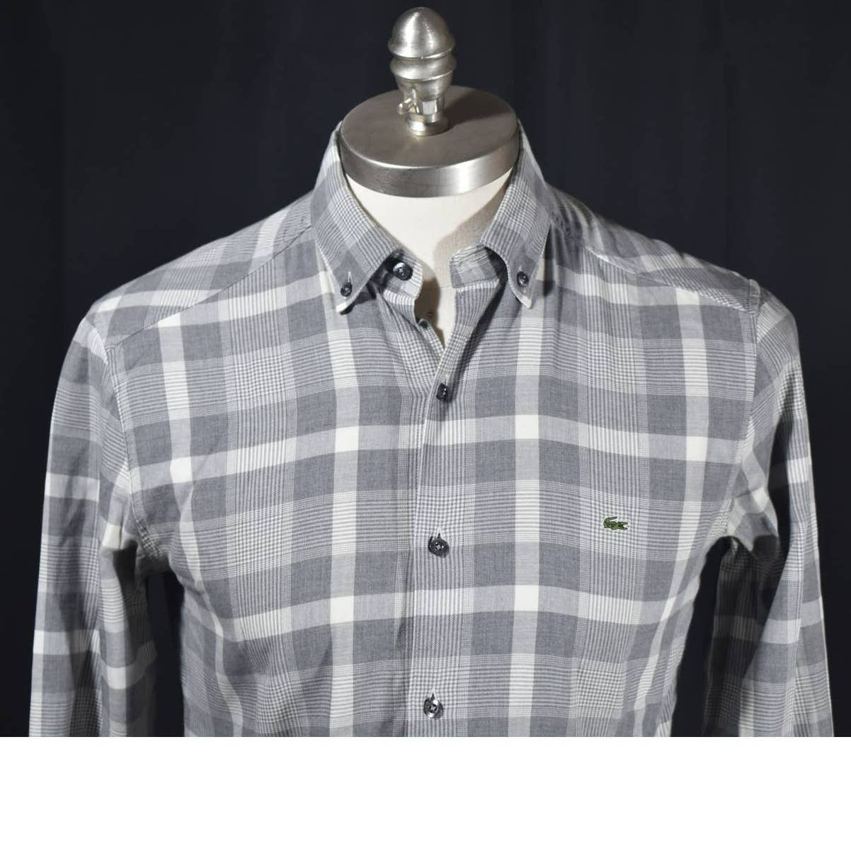 Lacoste Gray White Plaid Slim Fit Button Up Shirt - 38  M