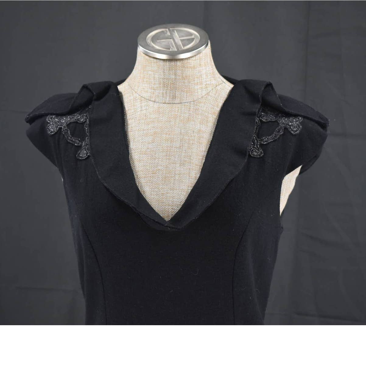 Bespoke Black Wool Cashmere Appliqué Silk Lined Dress - M