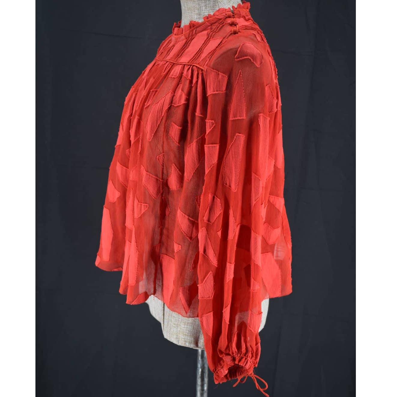 Le Fou Wilfred Sheer Ruffle Neck Geometric Red Long Sleeve Blouse- XXS