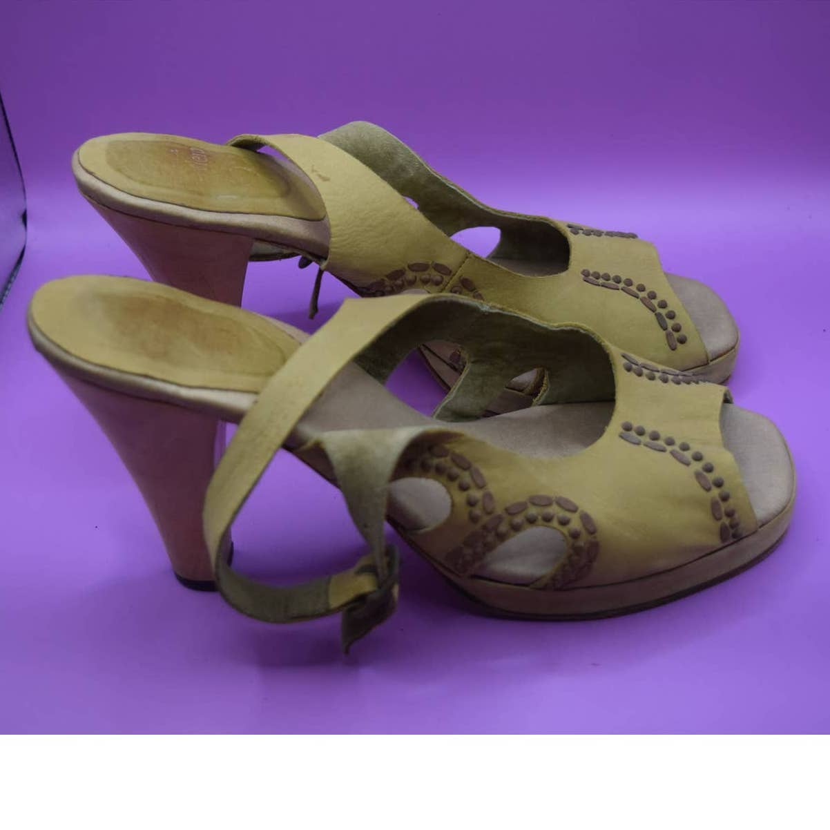 Calleen Cordero Tan Nubuck Leather and Copper Accent Slingback Wood Heels - 9
