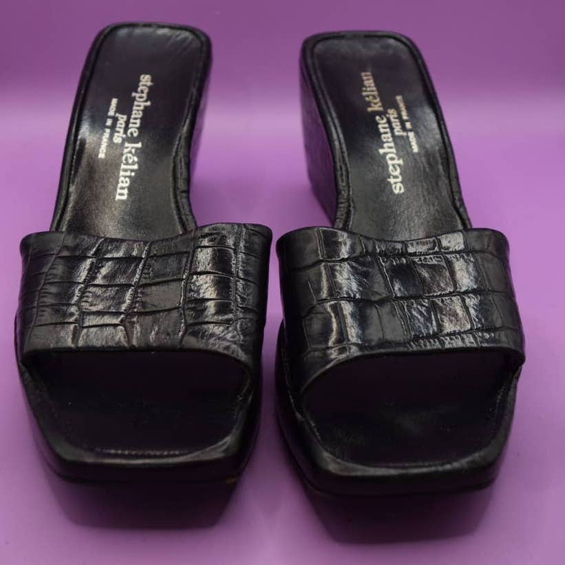 Stephane Kelian Black Embossed Open Toe Wedge Shoes - 6.5