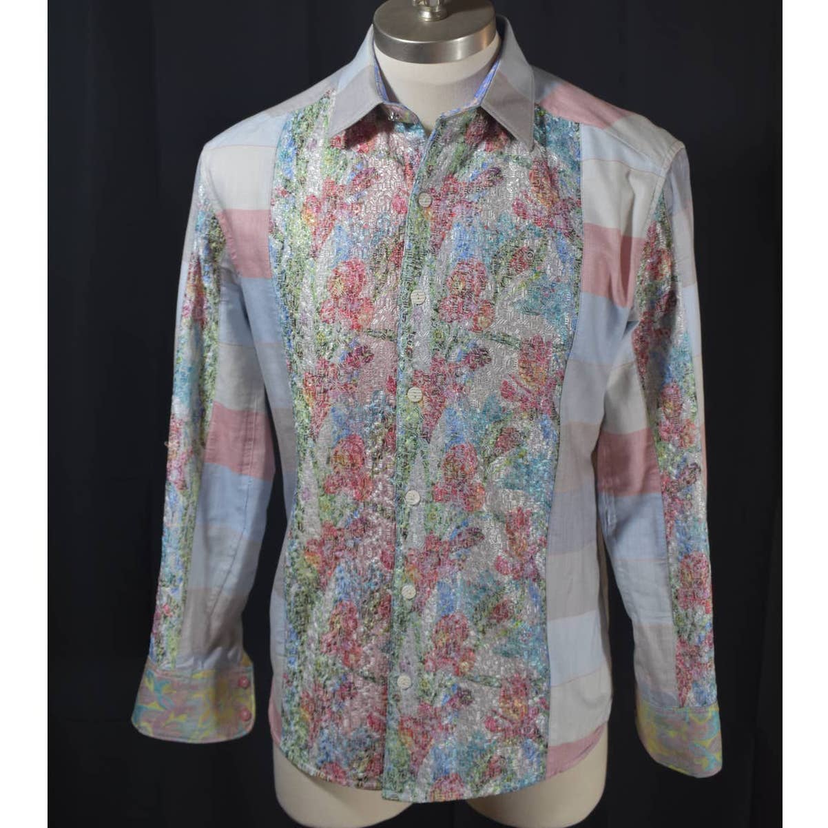 Robert Graham Limited Edition Embroidered Floral Panel Striped Button Up Shirt- M