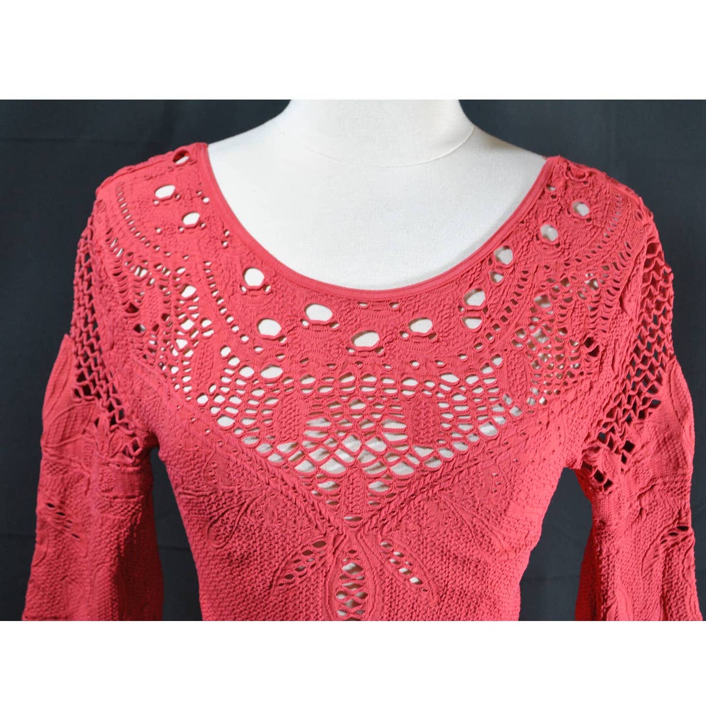 Intimately Free People Fitted Red Scoop Neck Eyelet Long Sleeve- XS